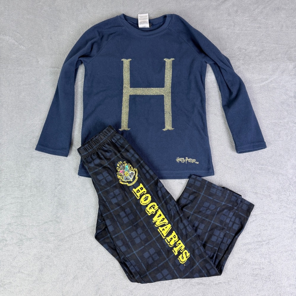 Harry Potter Kids Navy Blue Fleece Pajama Set Hogwarts Plaid Pants Size 10/12
